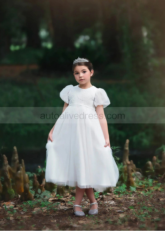 Puff Sleeves White Sequin Tulle Scallops Flower Girl Dress